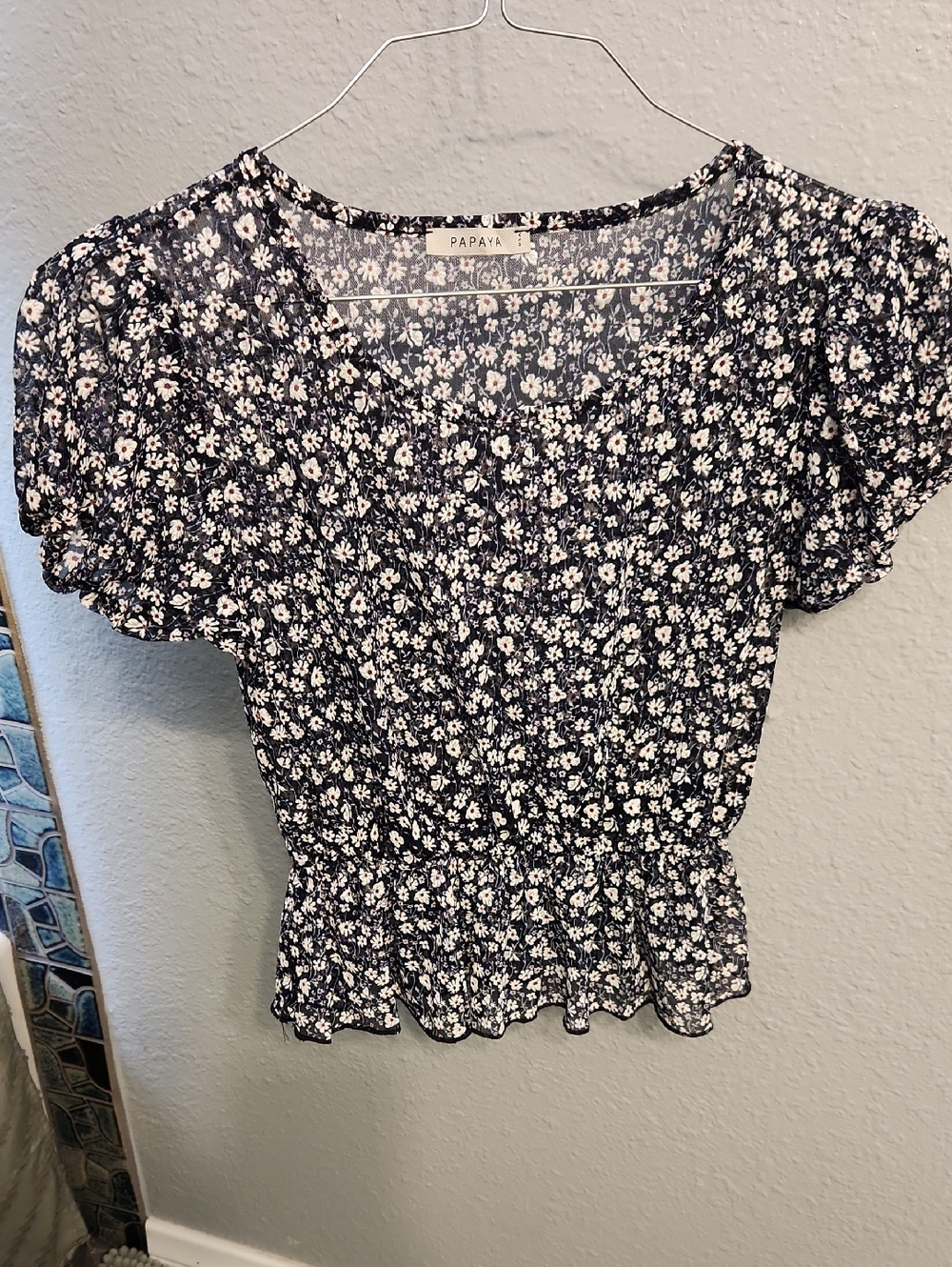 Papaya Navy and White Floral Smocked Mesh Crop Top